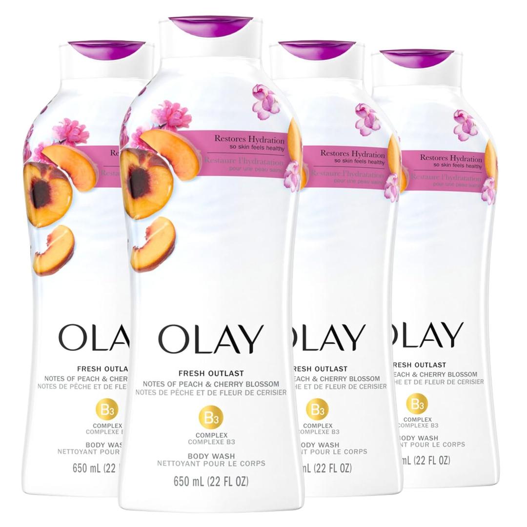 Olay Body Wash for Women, Fresh Radiance, Refreshing & Renewing, Made with Plant Based Cleansers, B3 Botanical Complex, For All Skin Types, Peach & Cherry Blossom Scent, 22 fl oz (Pack of 4)