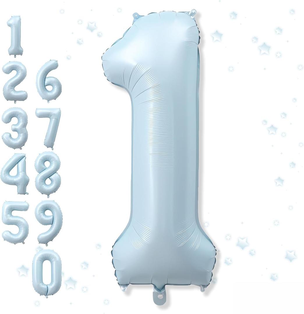 2 x Big Number 1 Balloons, Light Matte Sky Blue Foil 1 Balloon Numbers 40 Inch, Giant 1st Birthday Party Decor, Baby Powder Blue Mylar Helium One Balloon for Boys Girls Baby Shower Anniversary Decorations