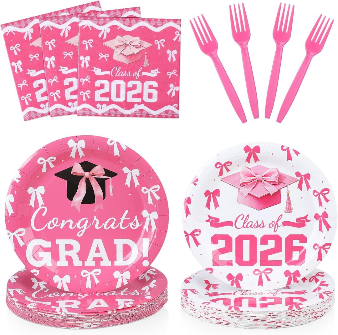 Yungyan 96 Pcs End of Year Graduation Party Plates and Napkins Pink Class of 2026 Grad Party Supplies Disposable Dessert Paper Plates Cocktail Napkins for Graduation Parties Decorations, Serve 24
