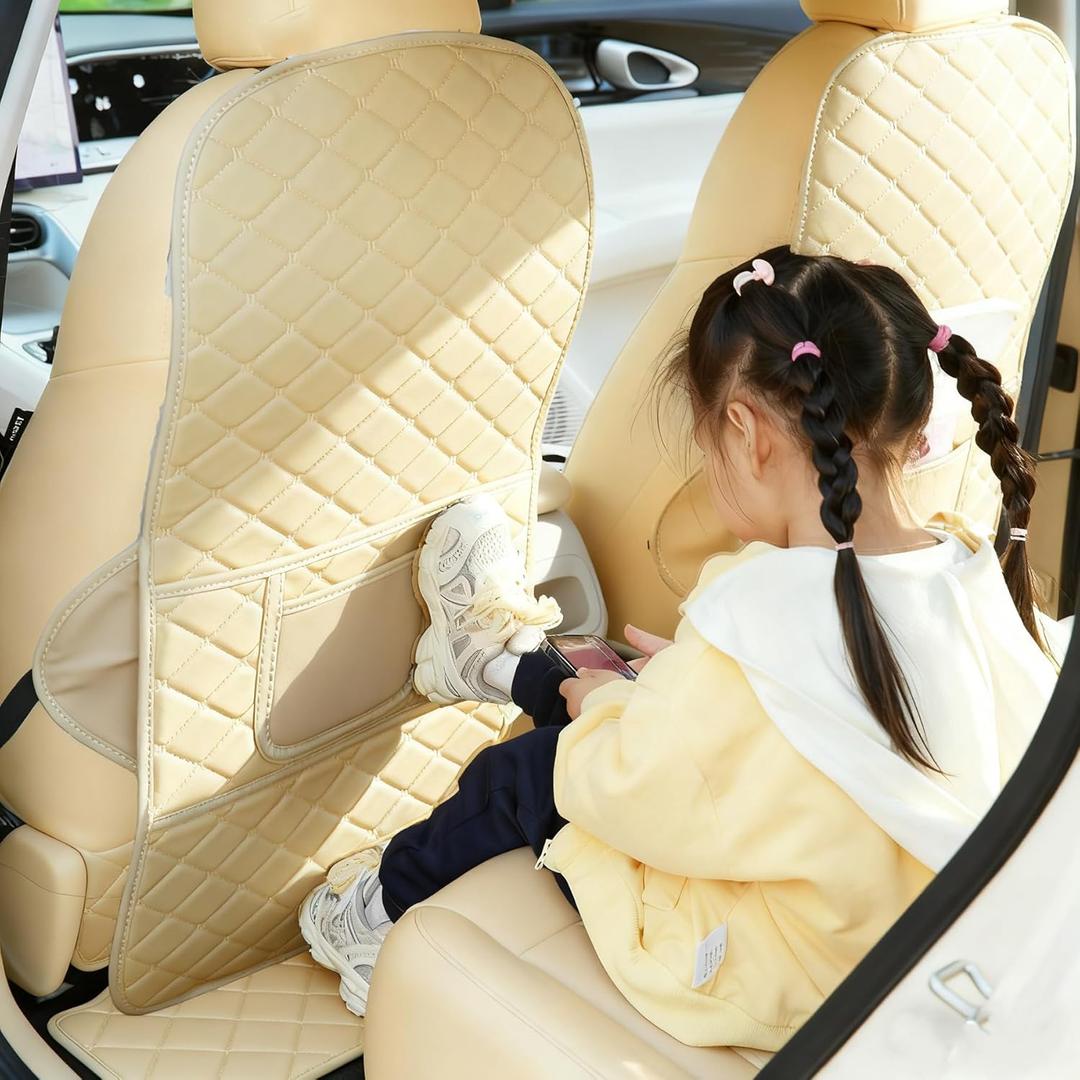 Leatherette Car Seat Protector - 2 Pack Large Car Kick Mats with Storage Pockets Organizer Seat Back Cover Against Dirty Shoes & Scratches, Universal Fit for Most Vehicles, Beige Leatherette Car Seat Protector - 2 Pack Large Car Kick Mats with Storage Pockets Organizer Seat Back Cover Against Dirty Shoes & Scratches, Universal Fit for Most Vehicles, Beige