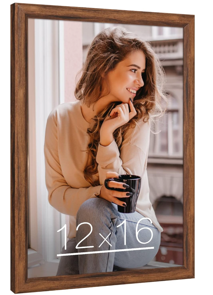 12x16 Picture Frame Brown Wood, Rustic Natural 16x12in Woodgrain Frame, Distressed Brown 12 x 16 inch Gallery Wall Photo Poster Frame with HD Plexiglass, Horizontal Vertical Wall Mounting Display 1pcs