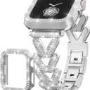 Rhinestones Encrusted Metal Bracelet and Case, Compatible with Apple Watch Bands 38mm-49mm (Series 11/10/1/SE/Ultra 2)- Bling Gold Women's Jewelry Strap, Luxury iWatch Bracelet with Screen Protector