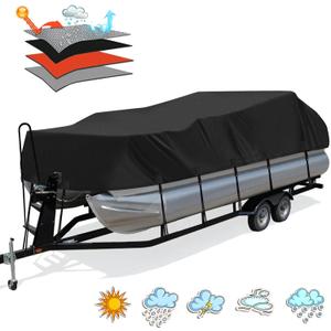 Solim Trailerable 1200D PU Heavy Duty Pontoon Boat Cover, 22-24ft Waterproof Marine Grade Oxford UV Resistant Polyester Canvas Cover, Boat Cover for Pontoon with Adjustable 18 Tie Down Straps, Black (22'-24' Long (Beam Width Up to 8.5FT))