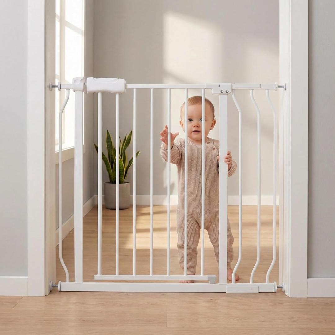 33-38 Inch Wide Baby Gates for Stairs & Doorways - Pressure Mounted Metal Gates for Toddlers & Pets (White, 86-98CM)