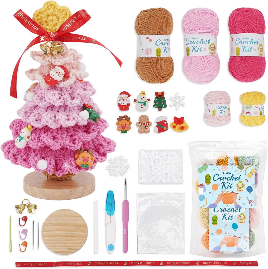 Alvian Five Colour Christmas Tree Crochet kit for Beginners Crochet Starter Kits Craft Knitting Crocheting Kits with Step-by-Step Video Tutorials and Crochet Yarn Supplies (Pink)