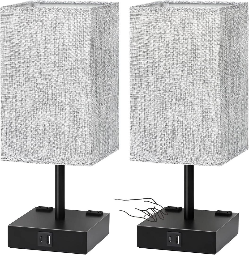 Bedside Table Lamps Set of 2 - Touch Nightstand Lamp for Bedroom with USB C+A Charging Ports & AC Outlets, 3-Way Dimmable Desk Lamp Grey Fabric Shade for Bedroom Living Room, Office (Bulb Included)
