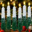 Funtery 6 Pcs LED Christmas Tree Flameless Taper Candles Real Wax Battery Operated Candlestick Lights with 3D Flame and Remote Timer Window Fireplace(Snow-Topped,Christmas Tree)