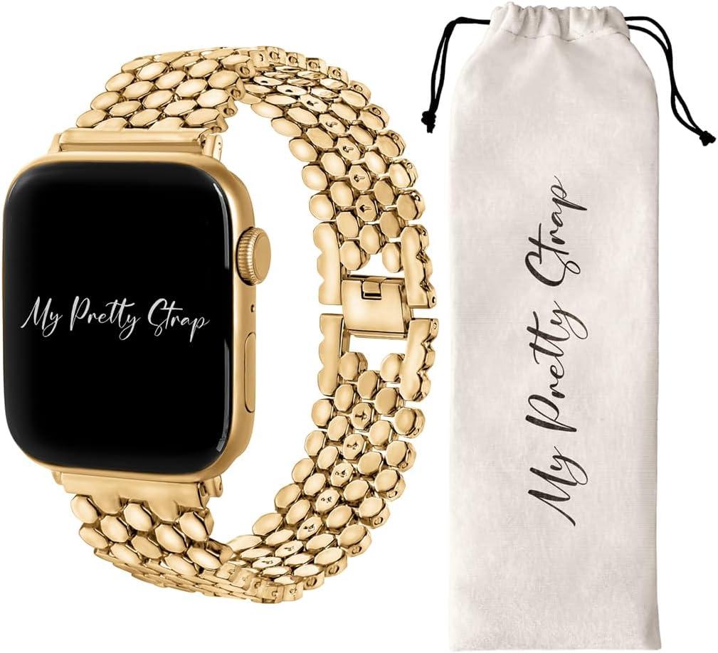 My Pretty Strap - Compatible Apple Watch Band Strap, Stainless Steel Fashion iWatch Replacement Strap- Easy Resizing, No Tool Needed, Fits Most Wrists- Series 1-11, SE and Ultra (44MM / 45MM / 46MM / 49MM / (Series 1-3 - 42MM), Honeycomb Gold)