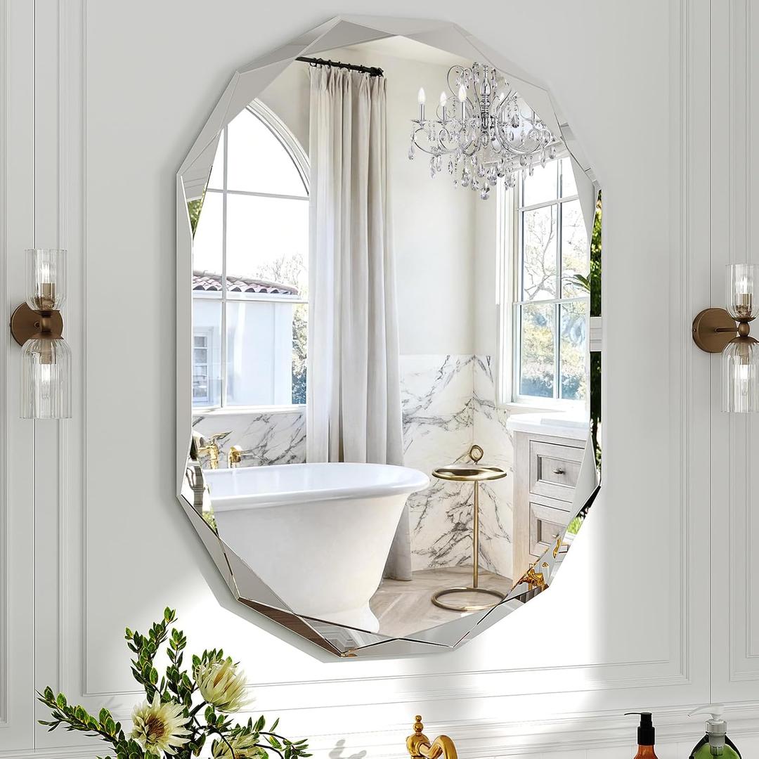 36x24 Inch Beveled Oval Bathroom Mirror, Frameless Copper-Free Silver Mirror, Modern Vanity Mirror, Decorative Wall Mirrors Over Sink for Restroom, Bedroom, Living Room, Bathroom, Entryway