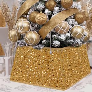 XmasExp Christmas Tree Collar 24 inch Sequin Tree Skirt for Christmas Holiday Home Decor Xmas Tree Ring Stand Base Cover Small Size 4 Piece Gold