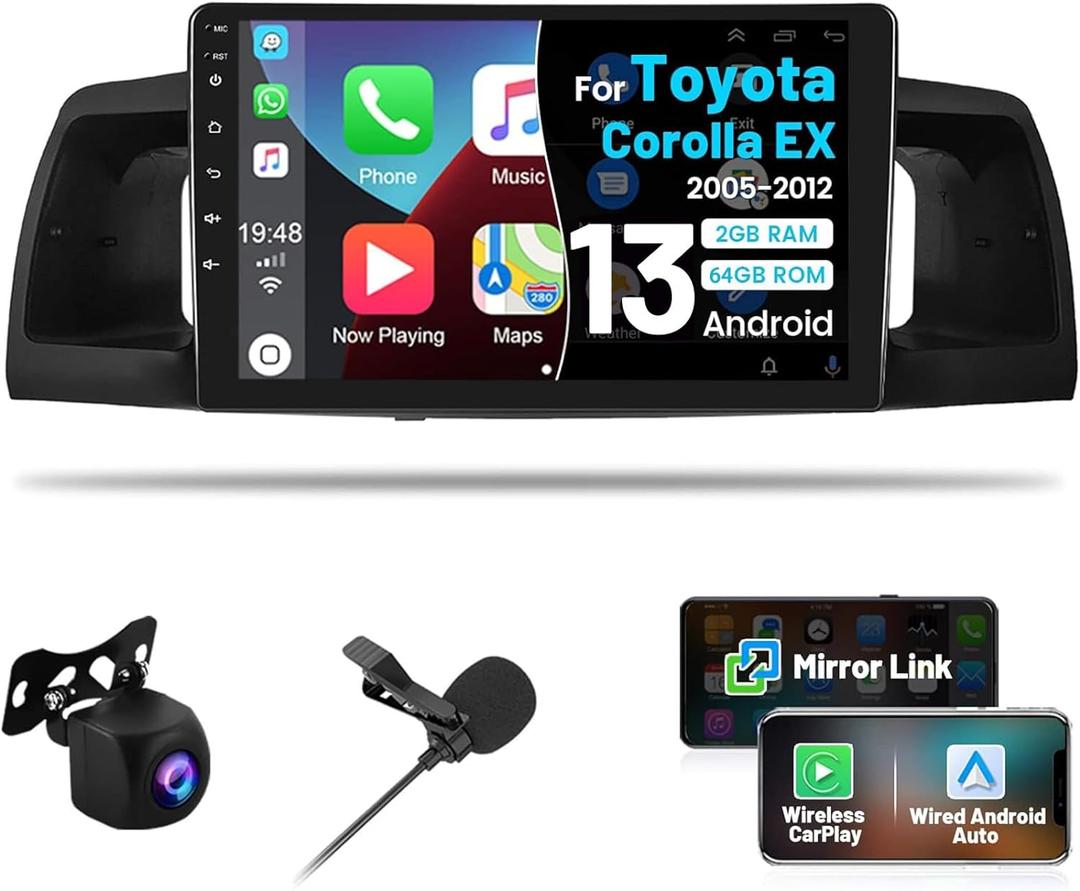Roinvou [2G+64G] Car Radio for Toyota Corolla EX 2005 2006 2007 2008 2009 2010 2011 2012 with Wireless Carplay/Android Auto, 9 Inch Touch Screen for Corolla with GPS/Bluetooth/5GHz WiFi