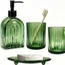 Green Glass Accessories Set, 4PCS Bathroom Set Include 13.5oz Lotion Soap Dispenser, Toothbrush Holder, Tumbler & Soap Dish, Modern Countertop Vanity Organizer Set for Home & Hotel Decor