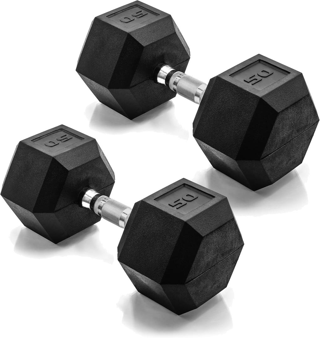 CAP Barbell 50 LB Rubber Coated Hex Dumbbell Hand Weight - Pair | Chrome Handle