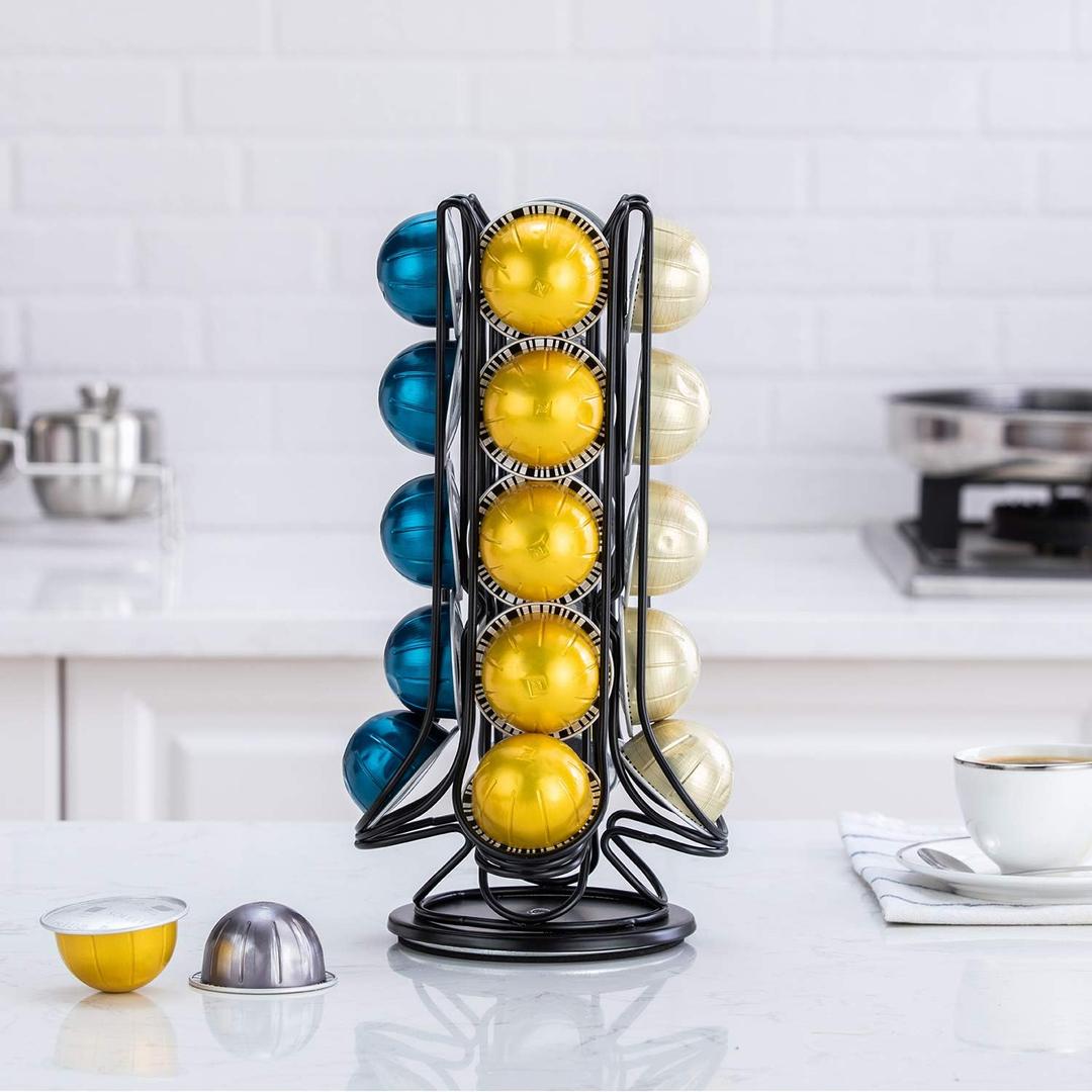 FlagShip Vertuo Pod Holder Coffee Pod Carousel Stand Storage for Nespresso Vertuoline, Small Size 360-Degree Rotation Wire Metal Black (20 Pods Capacity)