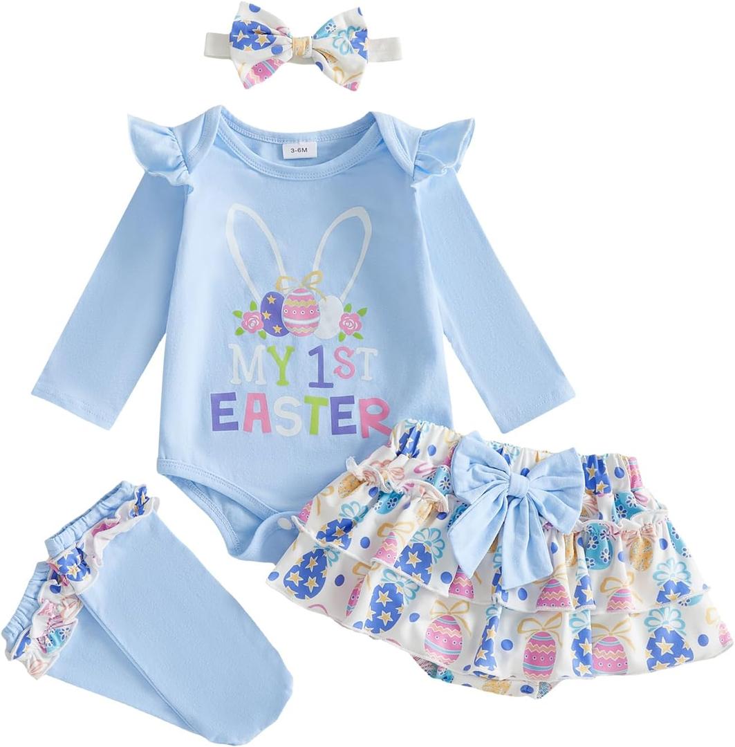 Newborn Baby Girl My 1st Easter Outfit Bunny Romper Bloomers Tutu Skirt Socks Headband Set First Easter Outfit, 0-3 Months