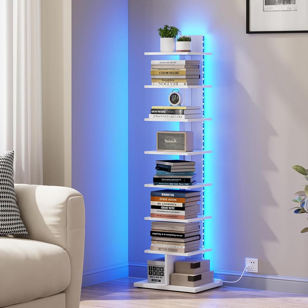 TUTOTAK Narrow Bookshelf, 8-Tier Bookcase with LED Lights, Spine Book Shelf for Small Space, Corner Standing Shelf for Living Room, Office, Study, Entryway, White BS06BW008L