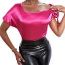 VIDUSSA Women's Off Shoulder Silk Tops Casual Short Sleeve Asymmetrical Neck Satin Blouse Shirts Large