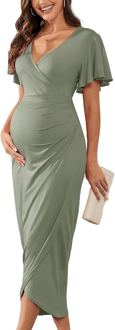 AISWI 2025 Womens Maternity Wrap Dress V Neck Ruffle Sleeves Semi Formal Baby Shower Photoshoot Party Cocktail Pregnancy (Green, M)