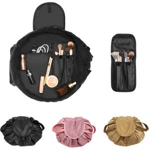 Drawstring Cosmetic Bag for Women – Barrel Drawstring Cinch Makeup Bag Open Flat Toiletry Bag for Travel with Brush Area (Black)