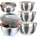 Nicdiet Mixing Bowls with Airtight Lids, Stainless Steel Mixing Bowl Set with 3 Metal Nesting Bowls, Colander & Grater, Non-Slip Bottoms, Size 1.5, 2.5, 5 QT, Great for Mixing & Serving, Khaki