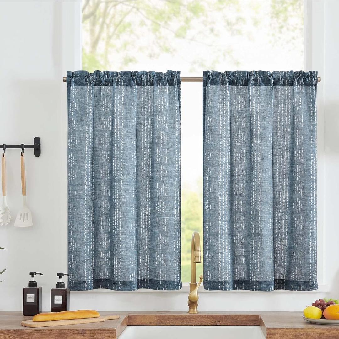 jinchan Boho Kitchen Curtains Linen Tier Curtains 24 Inch Bohemian Cafe Geometric Striped Mudcloth Small Window Drapes Light Filtering Farmhouse Country Rustic for Bathroom RV 2 Panels Blue