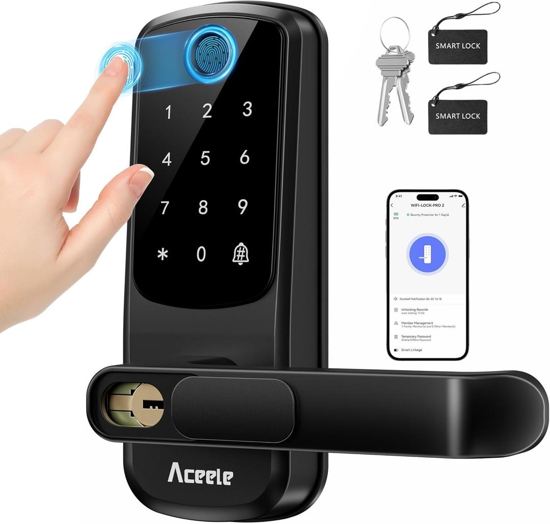 Aceele Keyless Entry Fingerprint Smart Door Lock, Built-in Wi-Fi, Electronic Lock for Front Door with Touch Digital Keypad and Handle, Automatic Door Knob for Apartment/Home/Bedroom(Black)