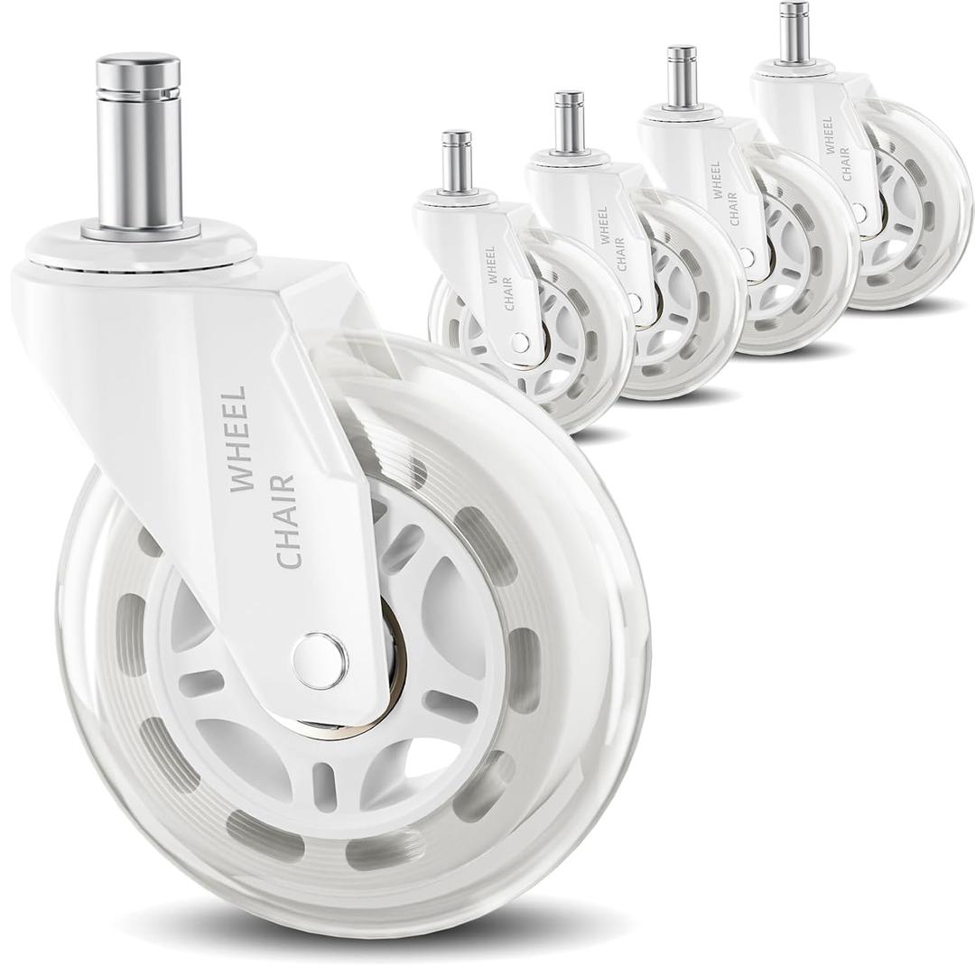 White Office Chair Wheels 3" Inch Roller Blade Rubber Chair Casters Replacement, Universal Fit Stem Heavy Duty Gaming Desk Chair Caster Wheels for Hardwood Carpet Floor - Set of 5