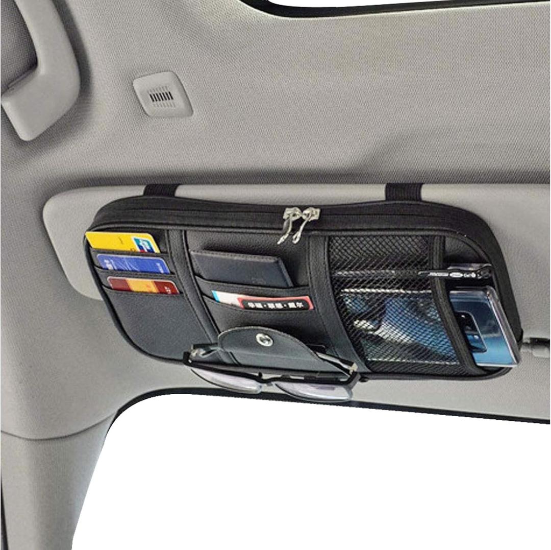 Da by Car Sun Visor Organizer, Multi-Pocket Visor Organizer Storage Pouch for Cars, SUVs & Trucks with Double Zippers, Elastic Bands & Glasses Clip - Organizes Essentials Keep Tidy (Black)
