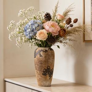 Rustic Ceramic Vase, 12.6 Inch Wabi Sabi Decorative Pottery Flower Vase, Vintage Neutral Vase for Centerpieces, Living Room, Shelf, Entryway, Wedding, Table Decoration