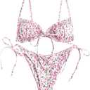 ZAFUL Women's Ditsy Floral Printed Swimsuit Underwired Knotted String Triangle Bikini High Cut Cheeky Bikini Set (X-Large, Pink)