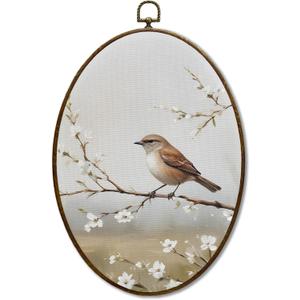 JQF Bird Oval Wall Decor, Farmhouse Rustic Sparrow Floral Oval Canvas Wall Art, Cottagecore Bird on Floral Branch Framed Prints Hanging Decor for Home Bedroom Living Room, 8.5x11.5 Inch