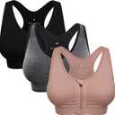 Women's Zip Front Sports Bra Wireless Post-Surgery Bra Active Yoga Sports Bras (Black, L)