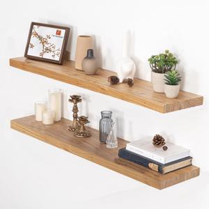 Floating Shelves for Wall, 40"W x 9.3"D x 1.5"H Rustic Solid Elm Wood Wall Shelves, Set of 2 with Invisible Heavy-Duty Metal Bracket, Deep Floating Shelf for Living Room Kitchen, Natural Finish, Flat Edge, 40"W