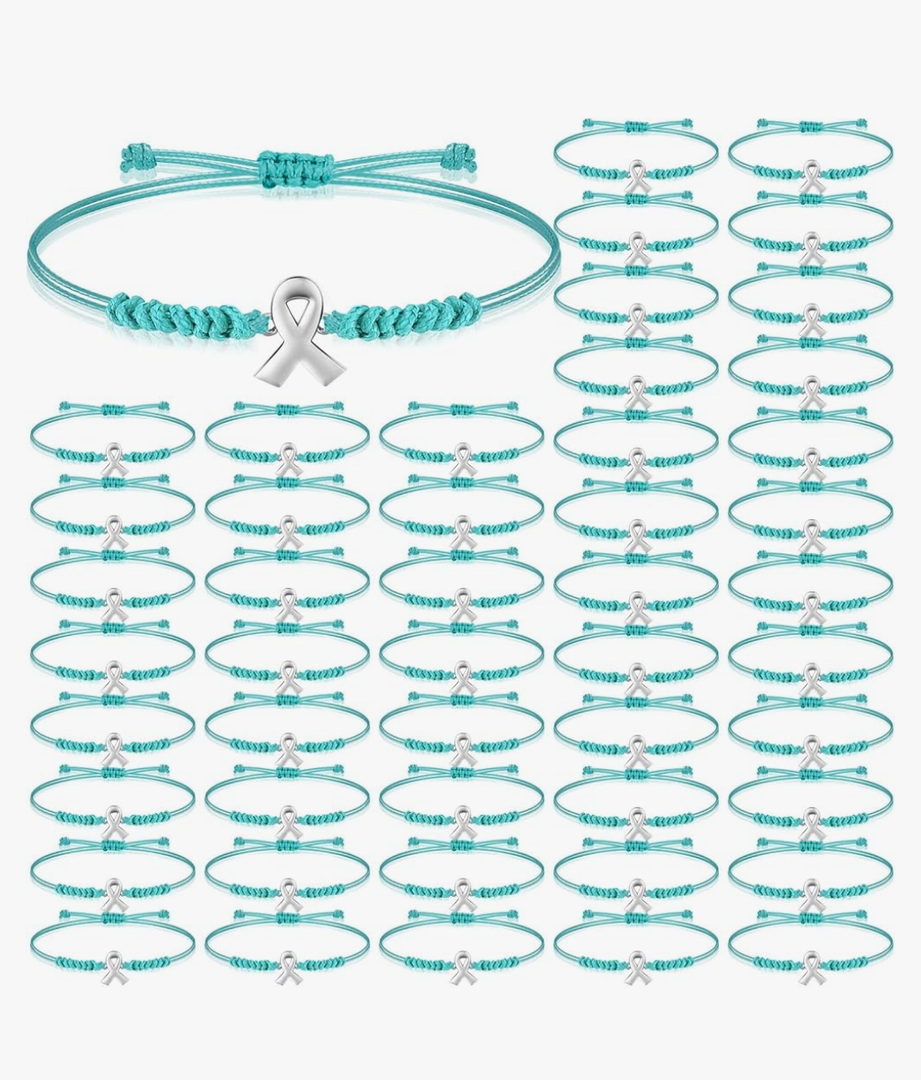 Sasylvia 50 Pcs Ovarian Cancer Awareness Bracelets Adjustable Cord Teal Ribbon Braided Bracelets Inspirational Ovarian Cancer Gifts for Women Jewelry Accessories