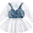 2PCS Baby Girl Strap Pearl Denim Crop Tops Beading Back Bandage Vest + Lapel Button Shirt Dress Set (1-2T, White Blue)