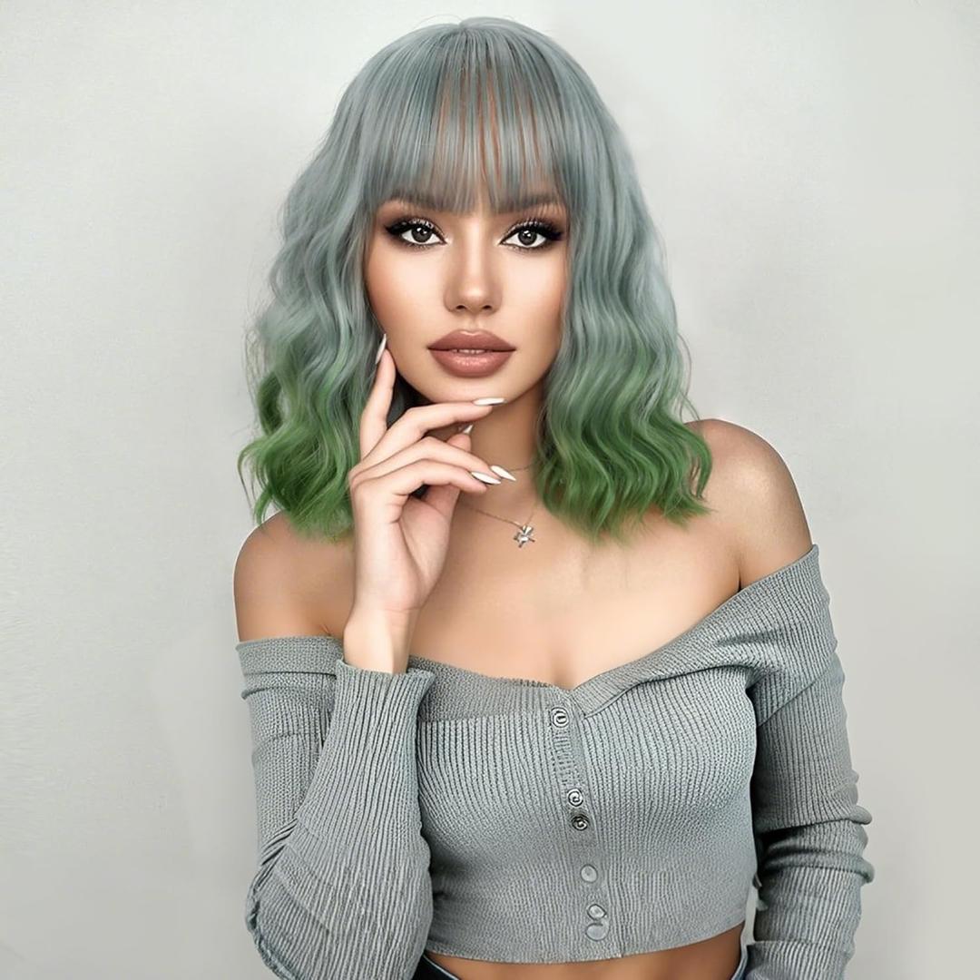 VCKOVCKO Short Wavy Bob Wigs With Air Bangs Women's Shoulder Length Curly Wigs Synthetic Cosplay Mint Green Gradient Bob Wig for Girl (12",Mint Green Gradient
