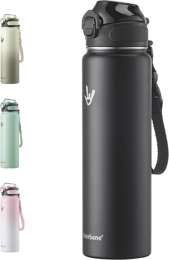 Enerbone 32 oz Insulated Water Bottle, Stainless Steel Bottle with Carrying Strap, Double-Wall Vacuum Insulation Design, Leakproof Sports Bottle with Straw, Keep Drinks Cold or Hot for Hours (Cocoa)