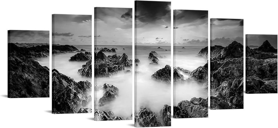 KREATIVE ARTS 7 Pieces Coastal Beach Canvas Wall Art Black and White Seaside Stone Wave Landscape Pictures Prints Ocean Painting Artwork for Bedroom Living Room Wall Decor 70" W x 32" H