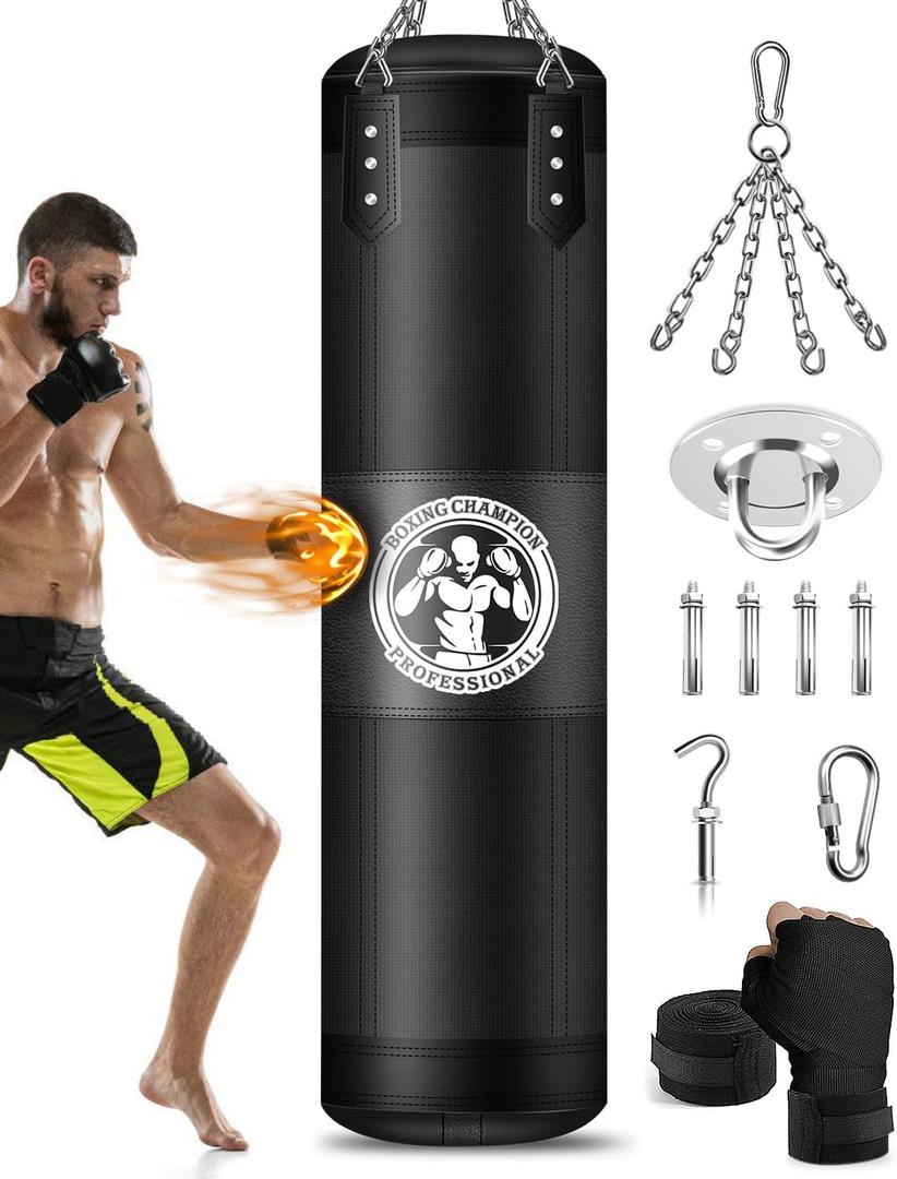 Punching Bag for Adults, 4FT PU Heavy Boxing Bags with Chain Ceiling Hook, Hanging Boxing Bag for Kickboxing Muay Thai Karate Judo Taekwondo Home Gym Training, Unfilled, Strong Man