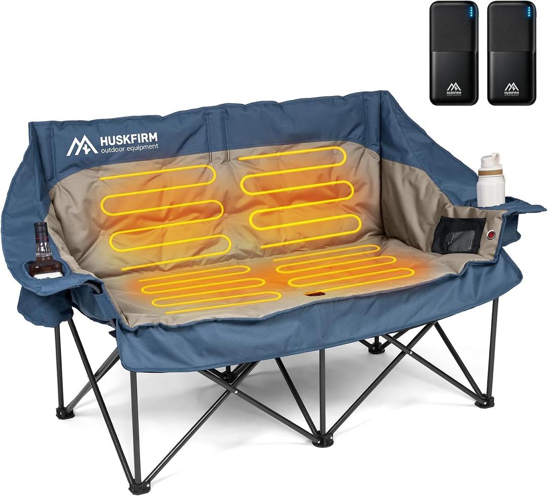 Heated Double Camping Chairs with 3 Levels Adjustable Temperature, Grey