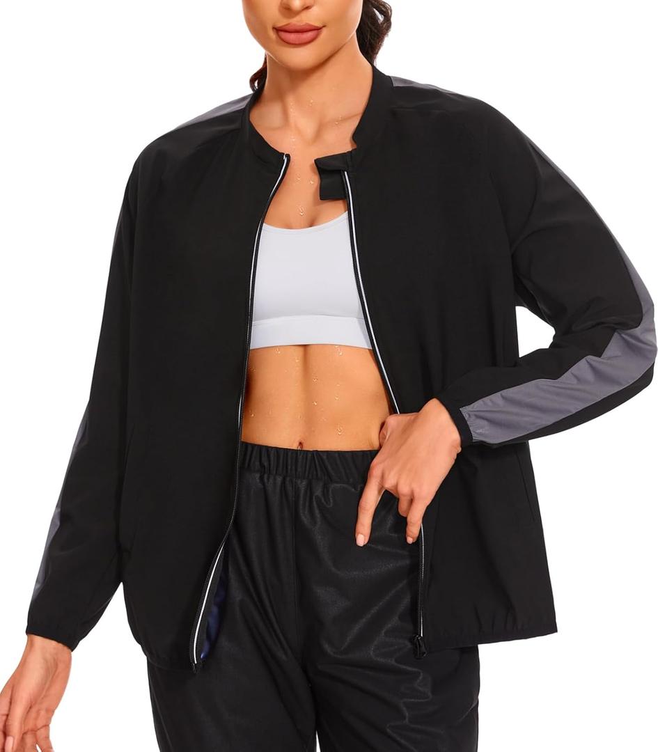 LAZAWG Women Sauna Suit Sweat Shirt Long Sleeve Sweat Jackets for Fitness Gym Running Exercise Slimming (Small, Black-5088)