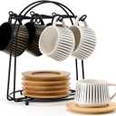 LUKA Ceramic Coffee Espresso Cups with Saucers Set with Metal Holder, 4 oz Porcelain Demitasse Cups For Espresso, Latte, Coffee, Cafe Mocha, Tea, Set of 6, Stripe White & Black