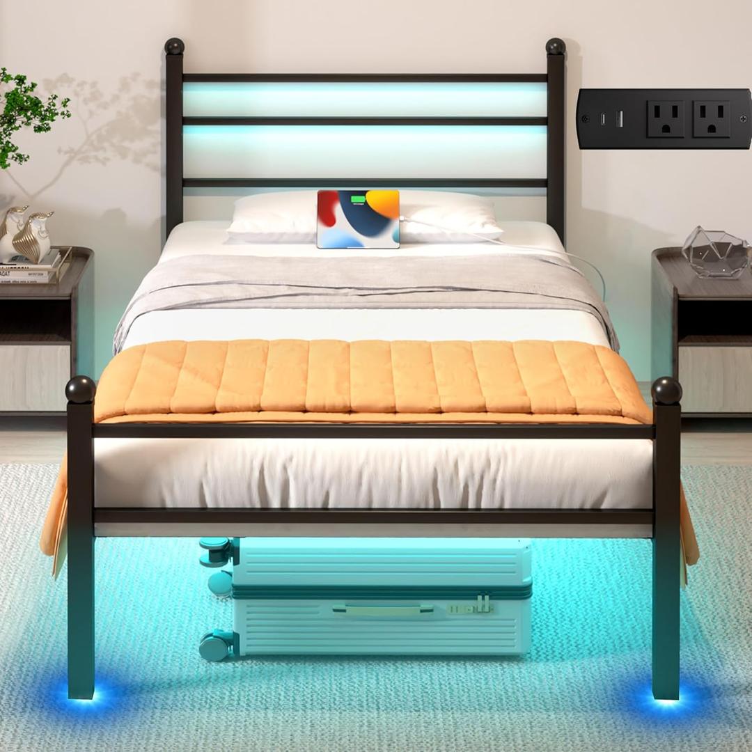 Twin Bed Frame with LED Lights & Charging Station, Metal Platform Bed with Headboard, Heavy Duty Metal Slats, No Box Spring Needed, Noise Free, Easy Assembly, Black