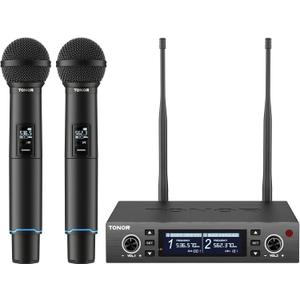 TONOR Wireless Microphone System, Auto Scan & Pair Professional Rechargeable Wireless Mic, 2x100 UHF Metal Cordless Dynamic Mic Set for Karaoke, Church, Singing, Wedding, Meeting, DJ, 328ft TW750