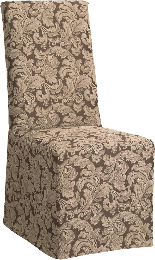 SureFit Scroll Dining Chair Slipcover - Long Skirt and Back Ties, Full Length Relaxed Fit High Back Chair Cover, Perfect for Adding Accents to Your Dining Room, Brown Color