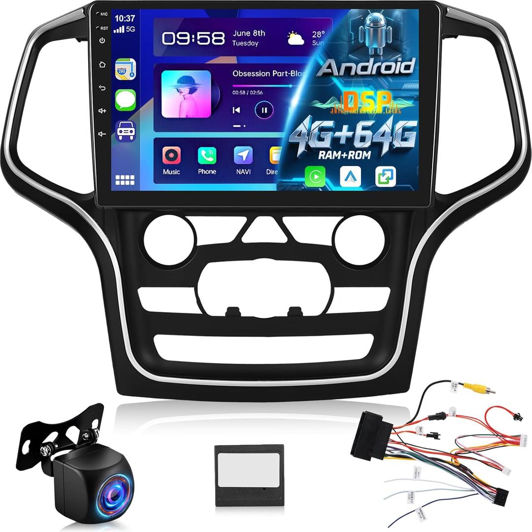 [4+64G] Upgrade Radio for Jeep Grand Cherokee 2014-2020: 10 inch IPS Touchscreen Android Radio - Wireless Carplay and Android Auto, Custom Homepage, DSP/EQ, 5G/WiFi, SWC + Rearview Camera + Canbus