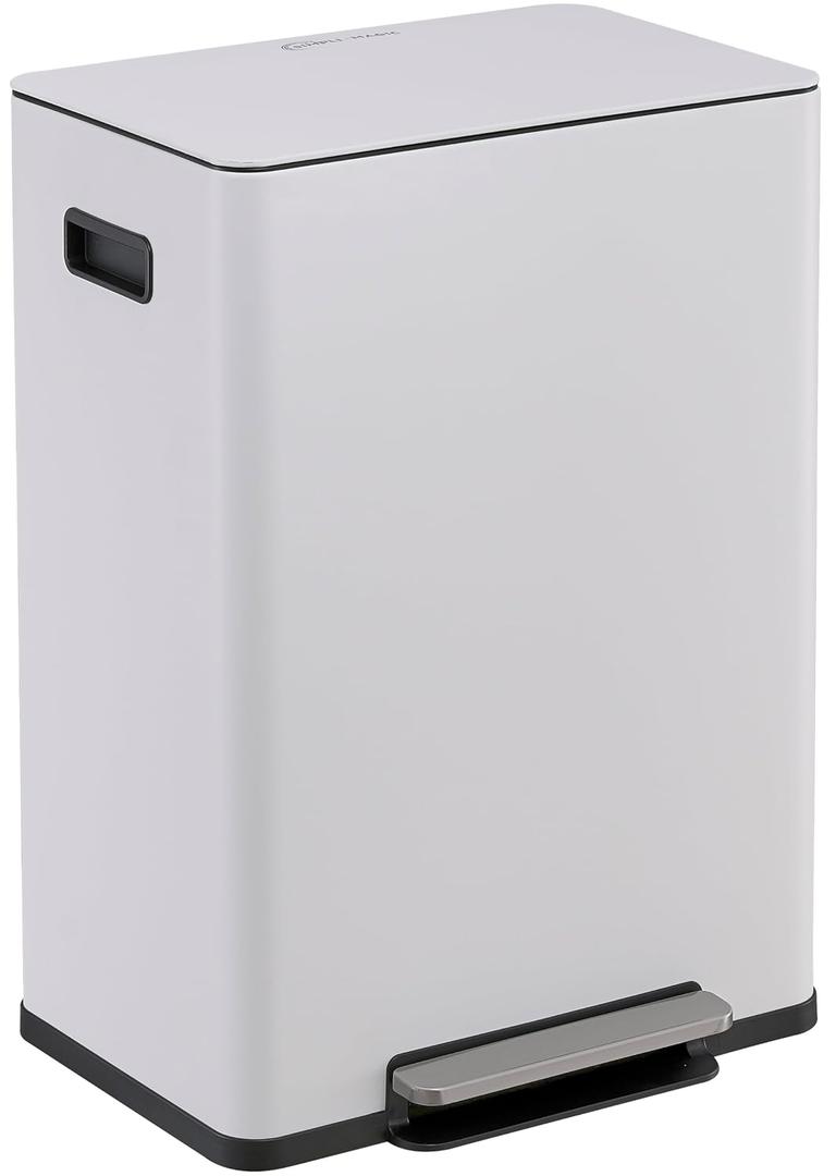 Simpli-Magic Infinity Edge 60 Liter / 16 Gallon Rectangular Hands-Free Extra Large Kitchen Step Trash Can, Soft-Close Single Lid Recycling Bin, Stainless Steel, White, 79680