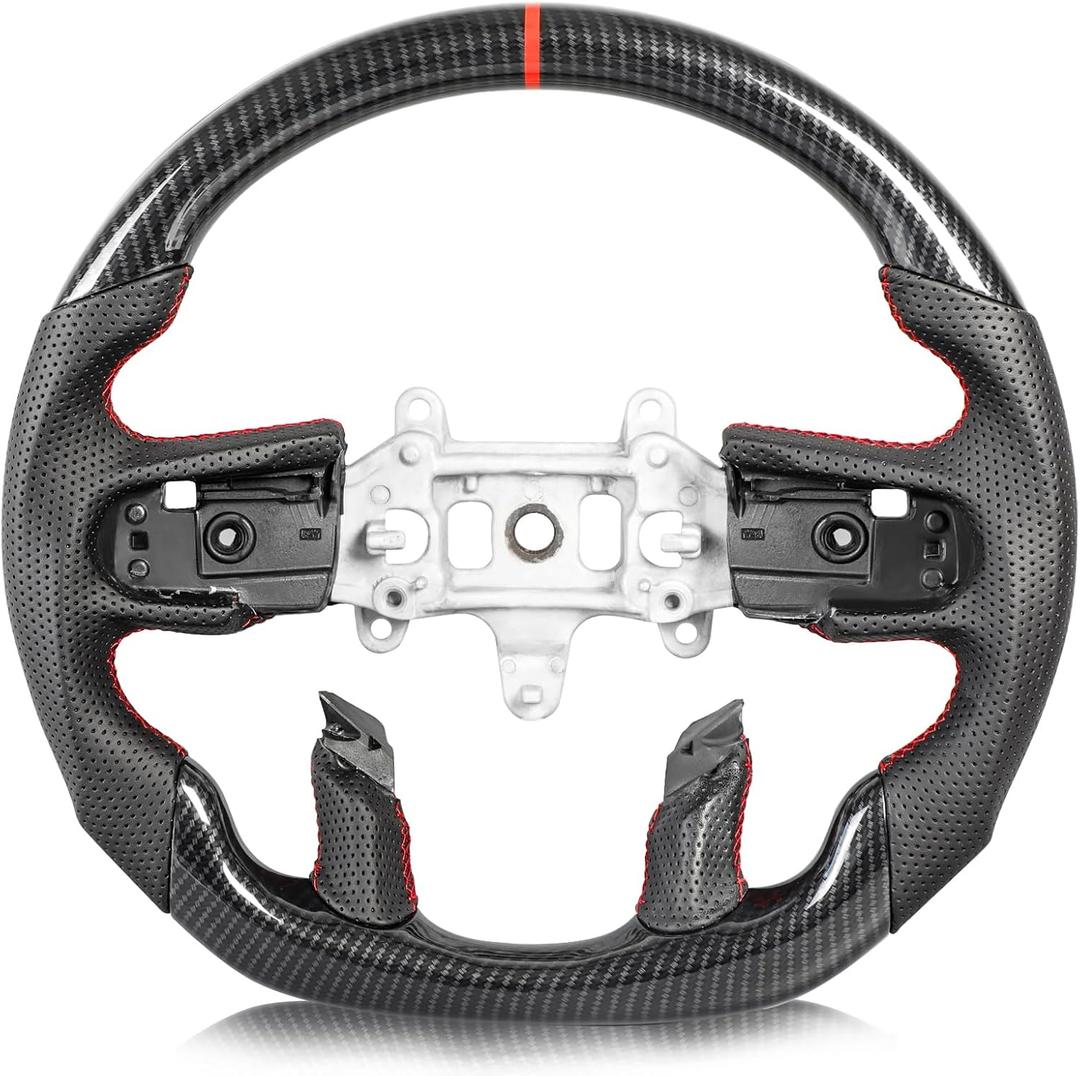 Steering Wheel for Dodge Ram 1500 2019-2024 Hydro-dip Carbon Fiber D-shaped Racing Steering Wheel with Nappa Perforated Leather Grip Hand-stitched for Ram 1500 without Paddle Shifter