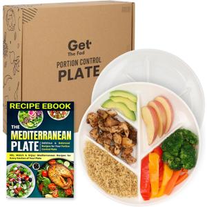 GetTheFad Portion Control Plate (Porcelain) Set of 2, 9.3 Inch Divided Portion Plates for Weight Loss Adults, Divided Dinner Plates for Adults, Healthy plates for adults, My plate for Weight Watchers