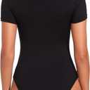 LIZENS Body Suits for Womens Tummy Control Short Sleeve Scoop Neck Ribbed Casual Stretchy Basic T Shirt Bodysuit Tops (Black, XS)